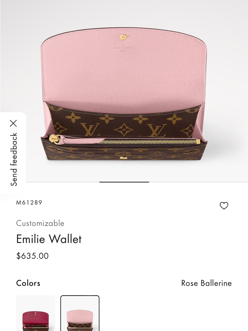 Louis Vuitton Monogram Emilie Wallet Rose Ballerine